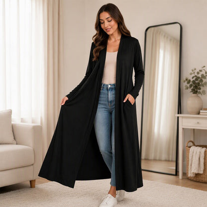 Lang maxi-cardigan med åpen front for kvinner