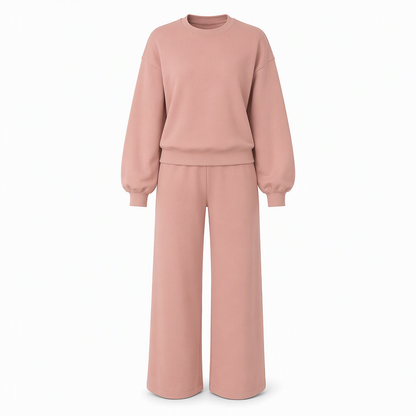Avslappet strikket loungewear-sett i to deler for kvinner med langermet genser med mock hals og høyvidde, vidbeinte bukser