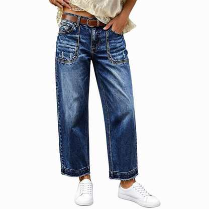 Dames vintage stretch jeans med rett ben, nedslitte lapplommer og frynsete råkant