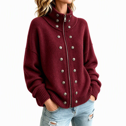 Damen-Strickjacke mit Stehkragen und Doppelknopfleiste