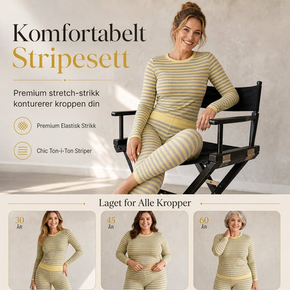 Dame-sett med striper og fargeblokk, rund hals, langermet topp og bukse, slimfit, avslappende hjemme- og treningssett