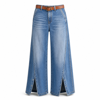 Jeans med høy midje og vide ben for kvinner, med splittede kanter