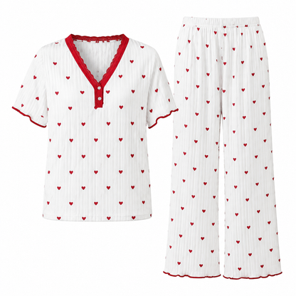 Damesett med printet pyjamas, kortærmet topp og langbukse, komfortabel og stretchy loungewear