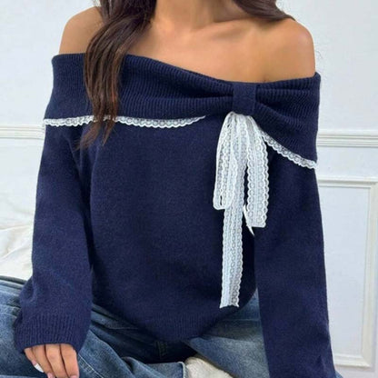 ⏳Midlertidig gratis levering🚛💖 Eleganse og romantikk: Off-Shoulder genseren med blonde detaljer! 🌟