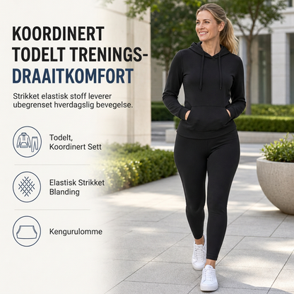 Kvinnelig to-delt outfit med rund hals, langermet genser og matchende buksett for høsten