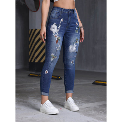 Blomsterbroderte, strekkbare skinny jeans for kvinner