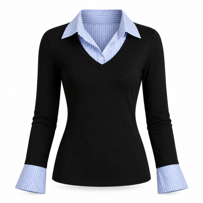 Stripet strikkegenser for kvinner med faux to-delt design, lang ermer, preppy-stil, slank passform og pullover