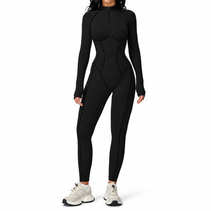 Jumpsuit i ribbestrikk for kvinner, halv glidelås med mock neck, høyeffekts yoga- og treningsbodysuit