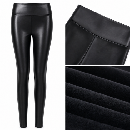 Høytaljede PU-leggings i lær for kvinner, foret med fleece, supermyke og varme vinterbukser