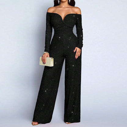 Chic skulderfri jumpsuit i sequins for kvinner