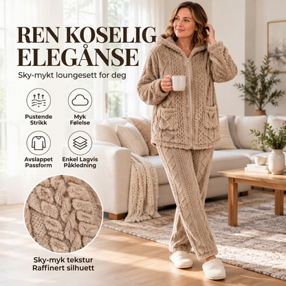 Damegenser med hette og bukse i kabelstrikk, plush-stoff