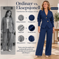 Kvinnelig elegant blazer med puff ermer og buksett med vidbeinte bukser