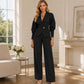 Kvinnelig elegant blazer med puff ermer og buksett med vidbeinte bukser