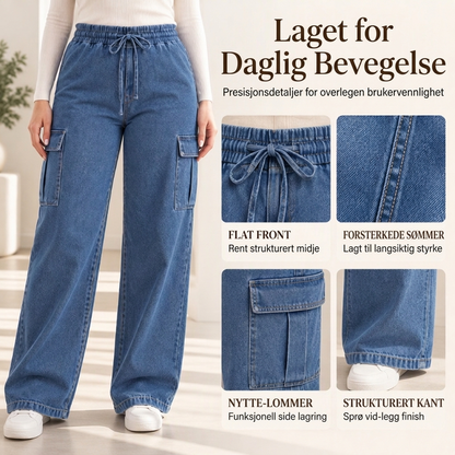 Cargobukser i denim til dame med elastisk linning og snøring